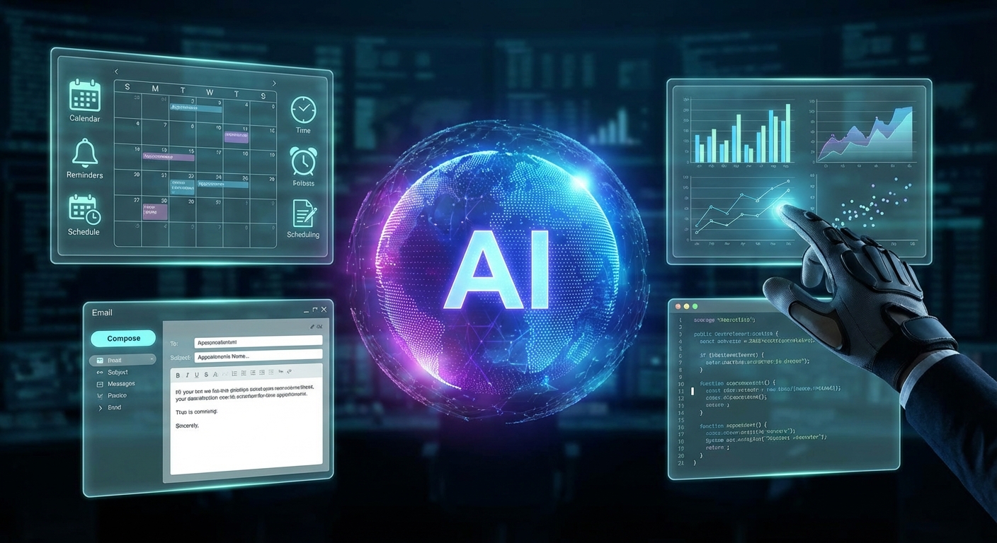AI agent interface showing autonomous task execution on multiple screens