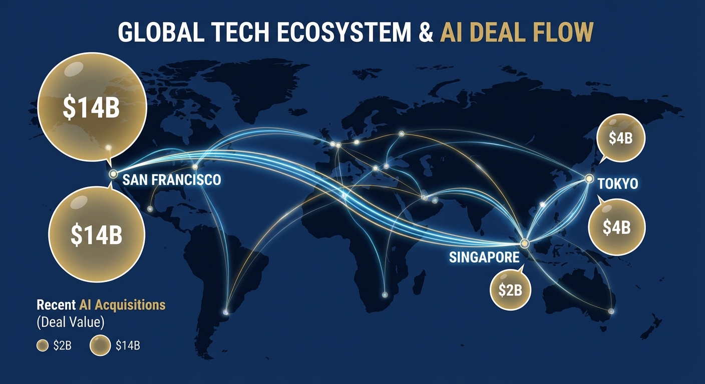 Global tech acquisitions visualization showing AI industry consolidation