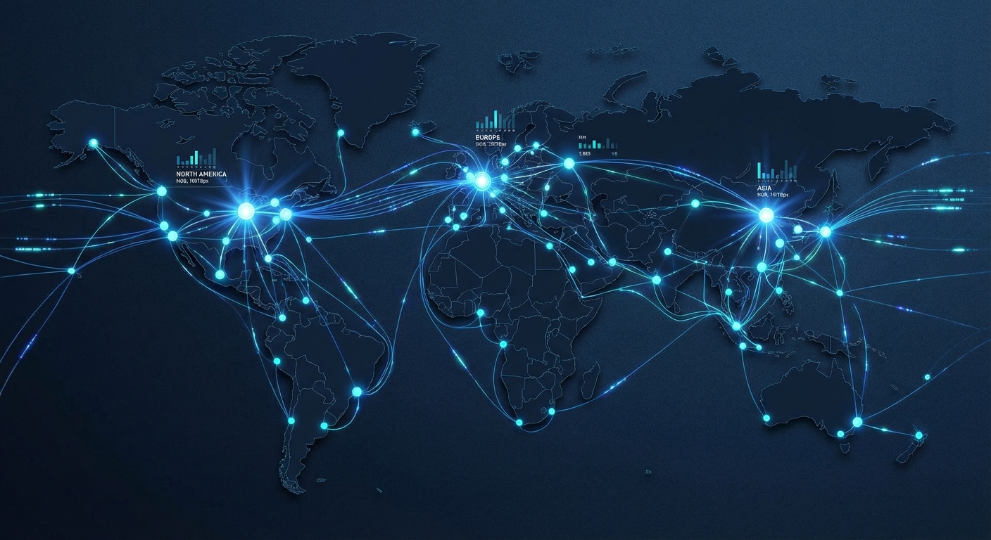 Global network map showing interconnected data centers and fiber routes