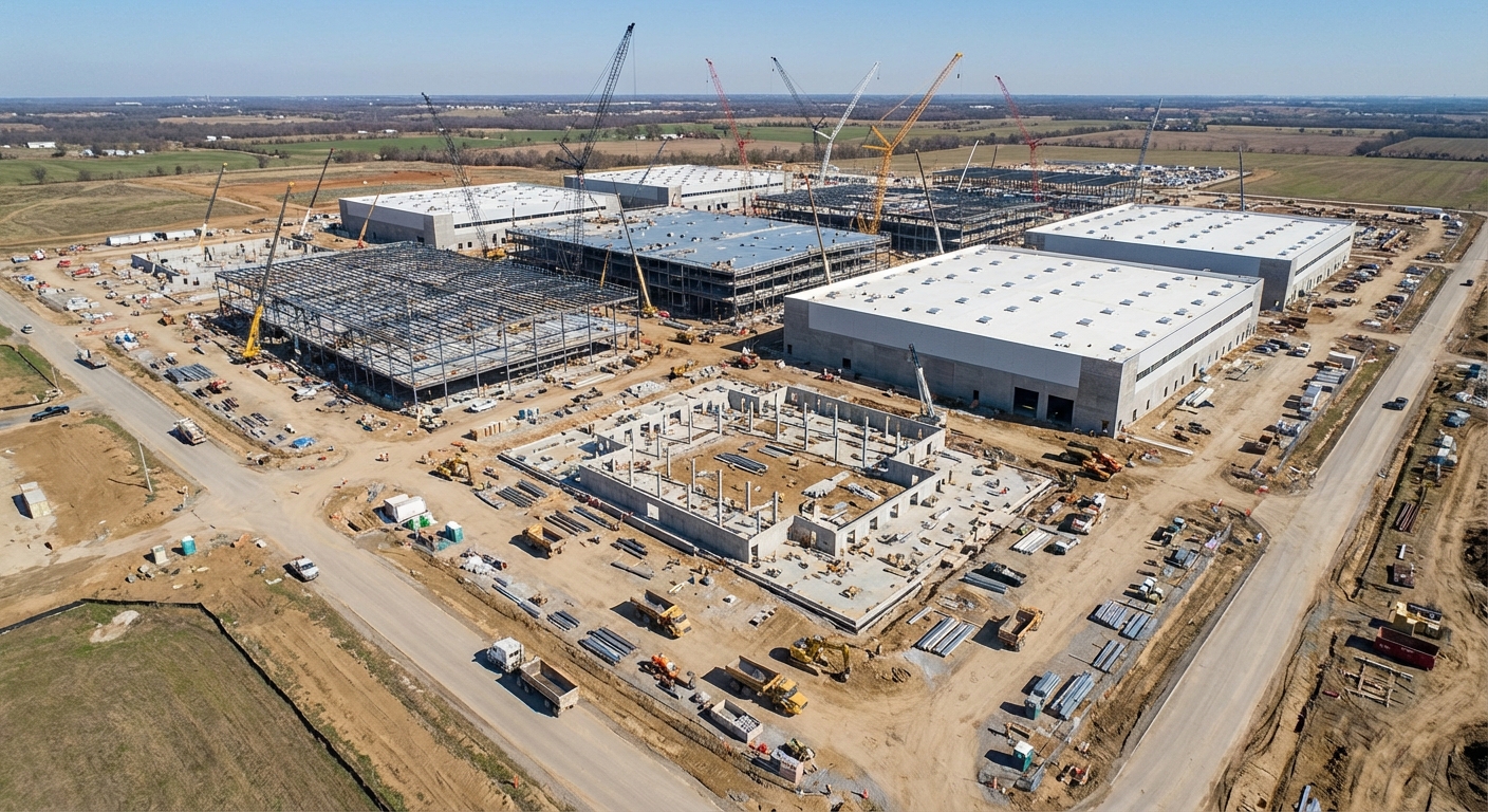 Massive data center construction site with cranes and partially completed buildings