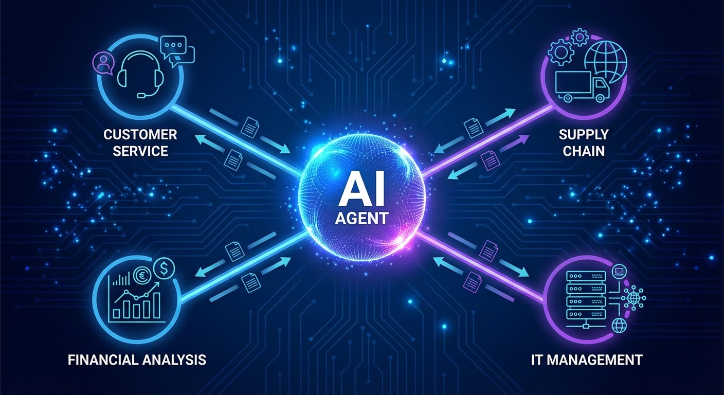 AI agent visualization showing autonomous system managing multiple business operations
