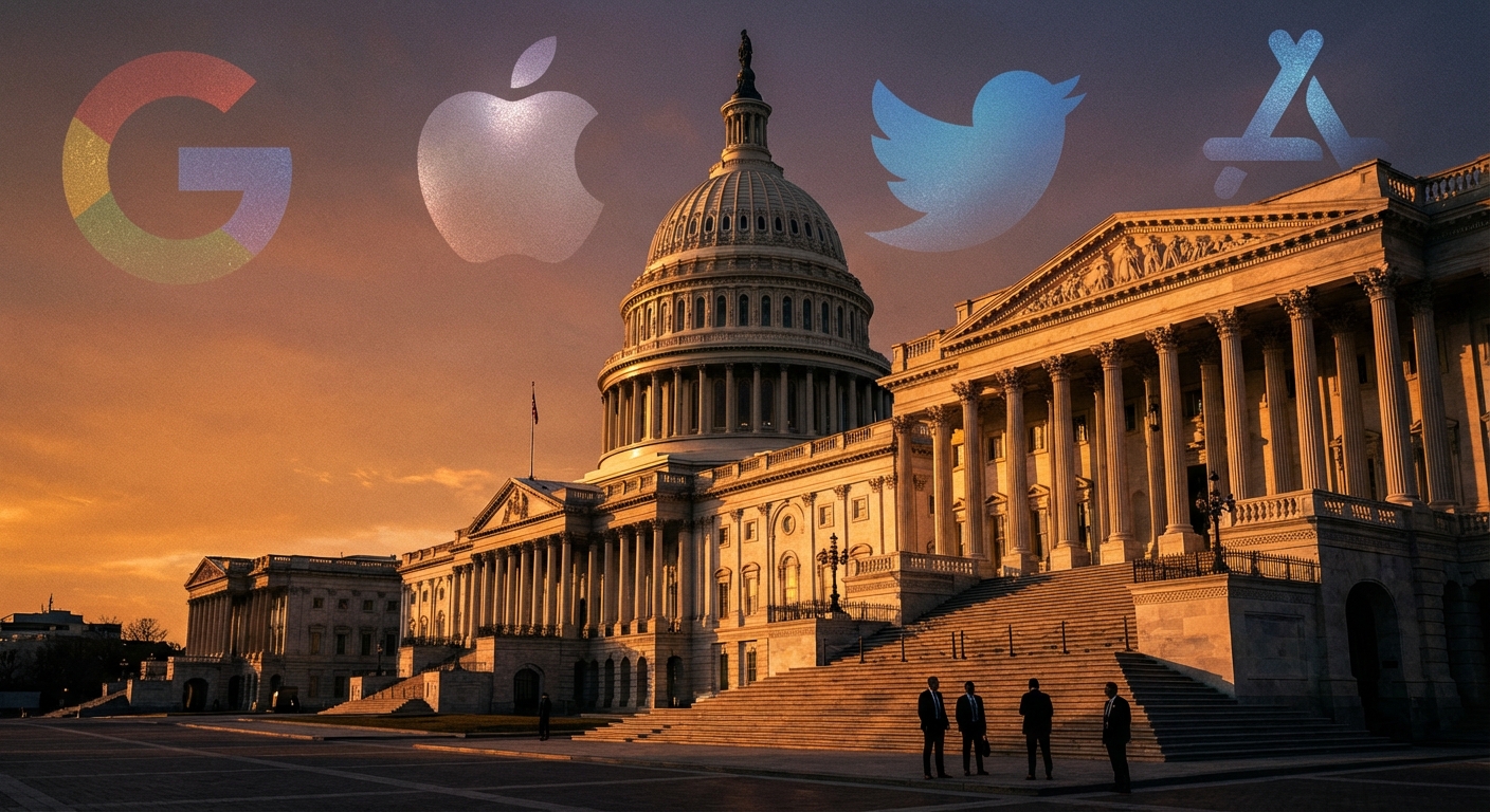 US Capitol building with technology company logos overlaid representing tech-government intersection