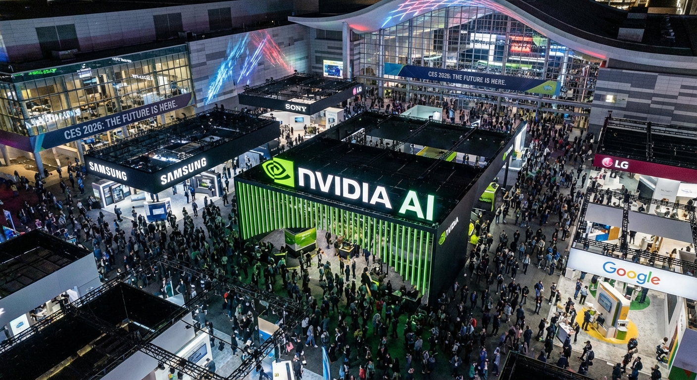 Aerial view of the Las Vegas Convention Center during CES 2026 with crowds and exhibitor booths
