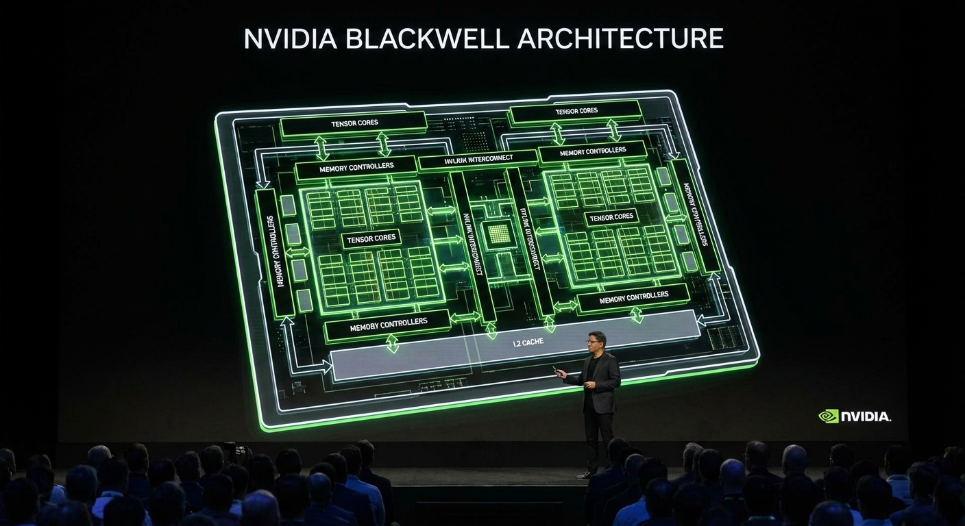 Close-up of NVIDIA GPU architecture diagram showing Blackwell chip design