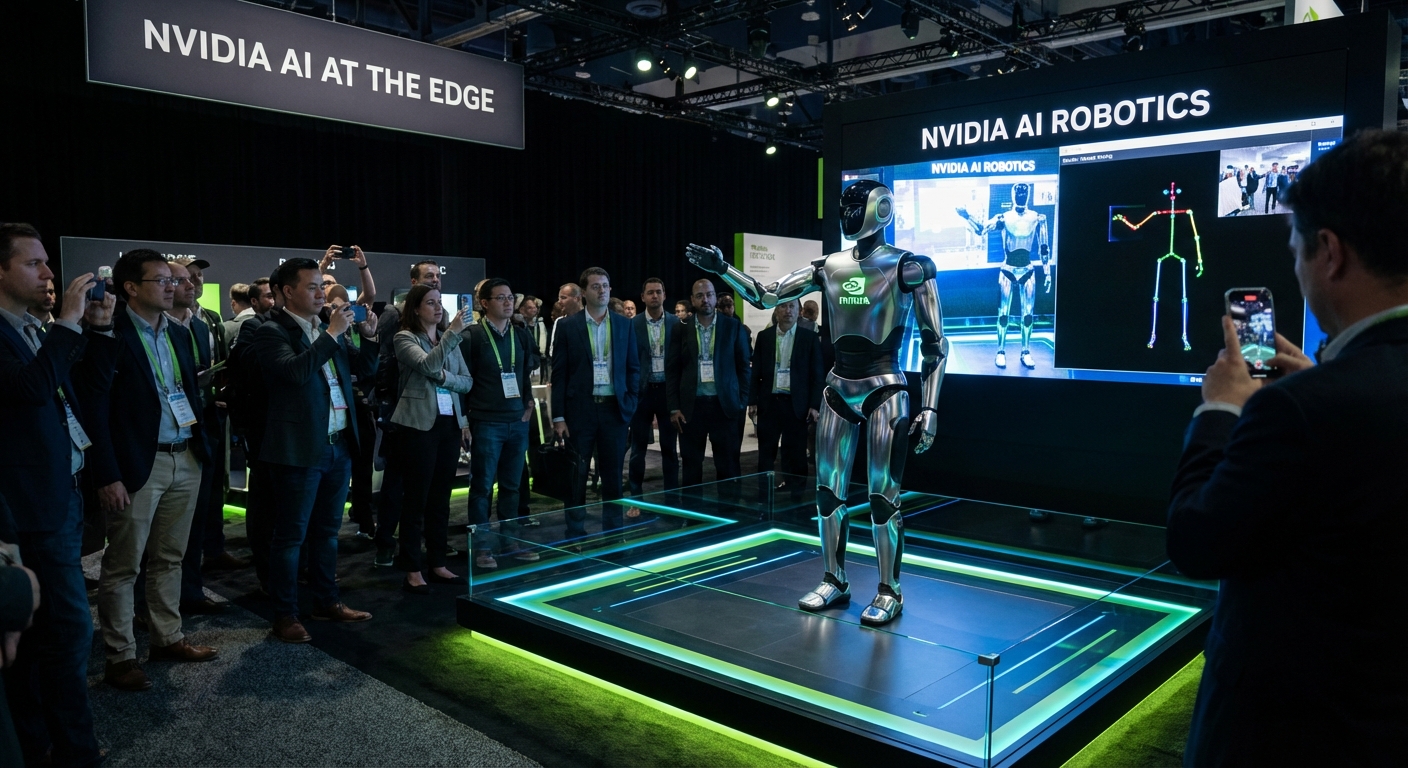 Humanoid robot demonstrating AI capabilities at NVIDIA CES booth