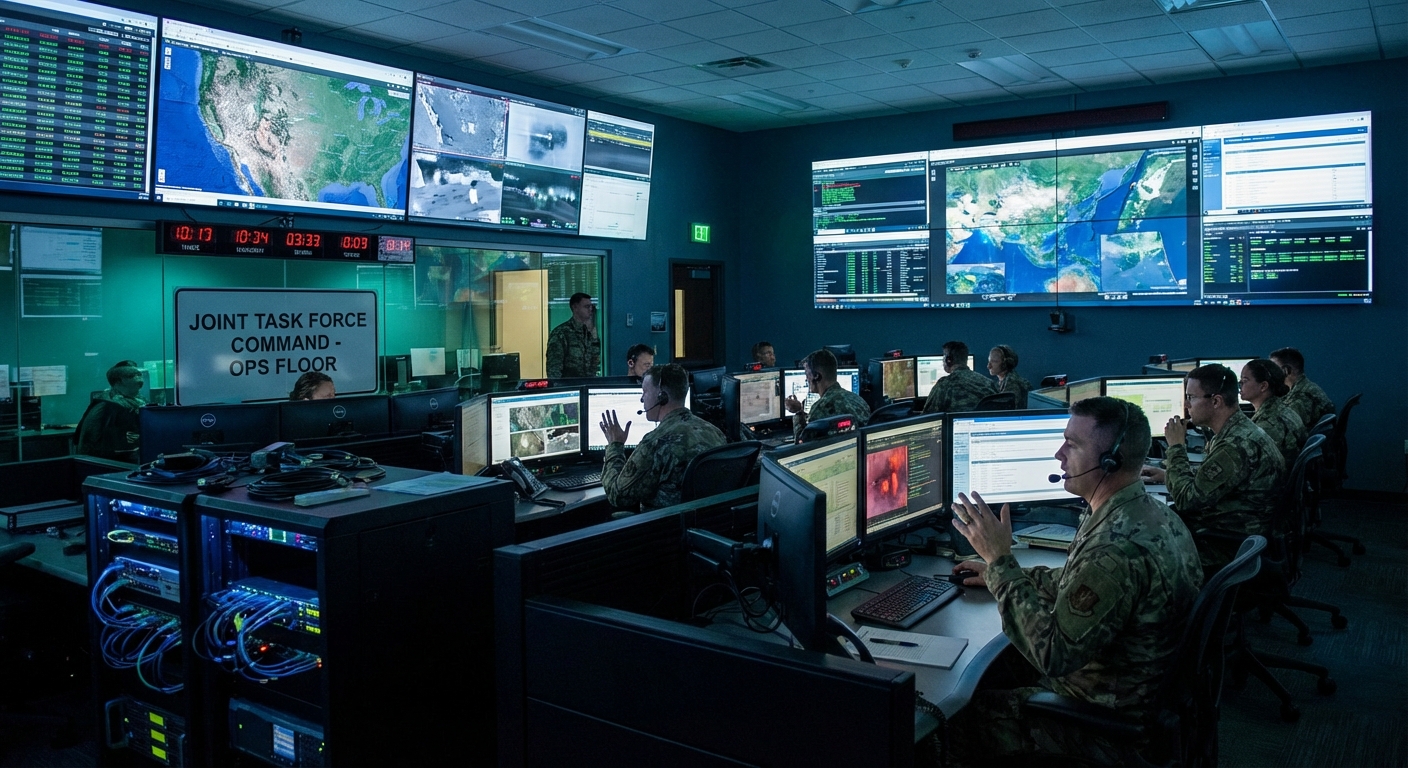 Military tactical operations command center with multiple screens displaying mission data