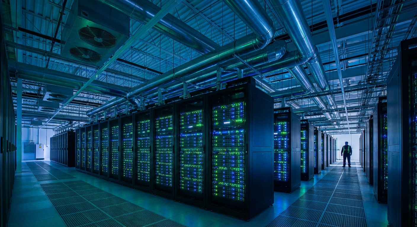 Data center facility with rows of AI server racks and cooling infrastructure