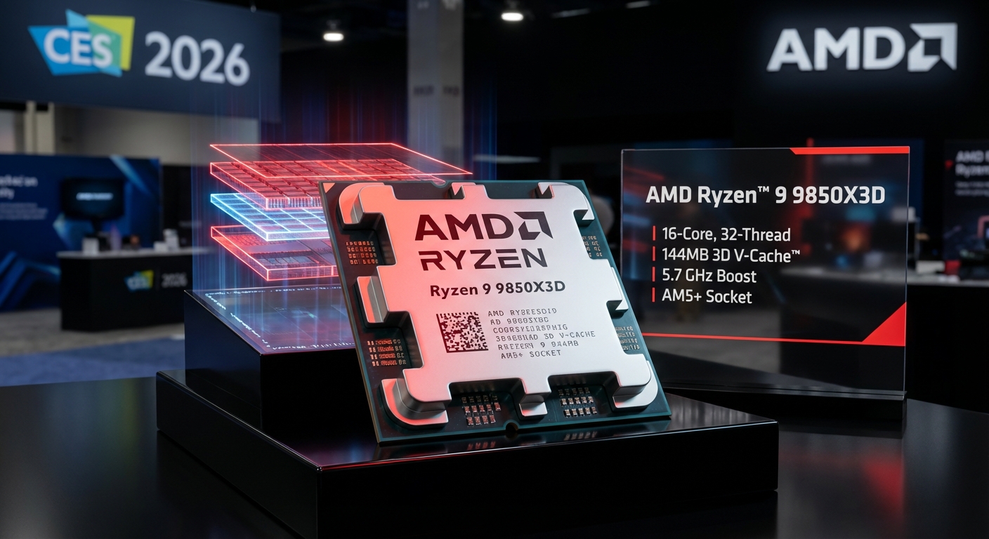 AMD Ryzen 9850X3D processor chip displayed with 3D V-Cache technology visualization