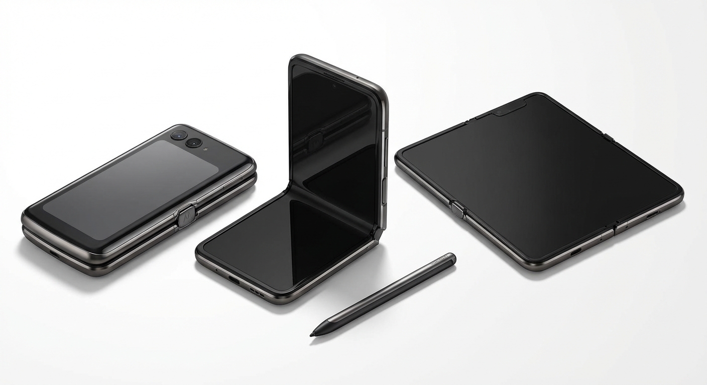 Motorola Razr Fold smartphone shown in multiple folding configurations