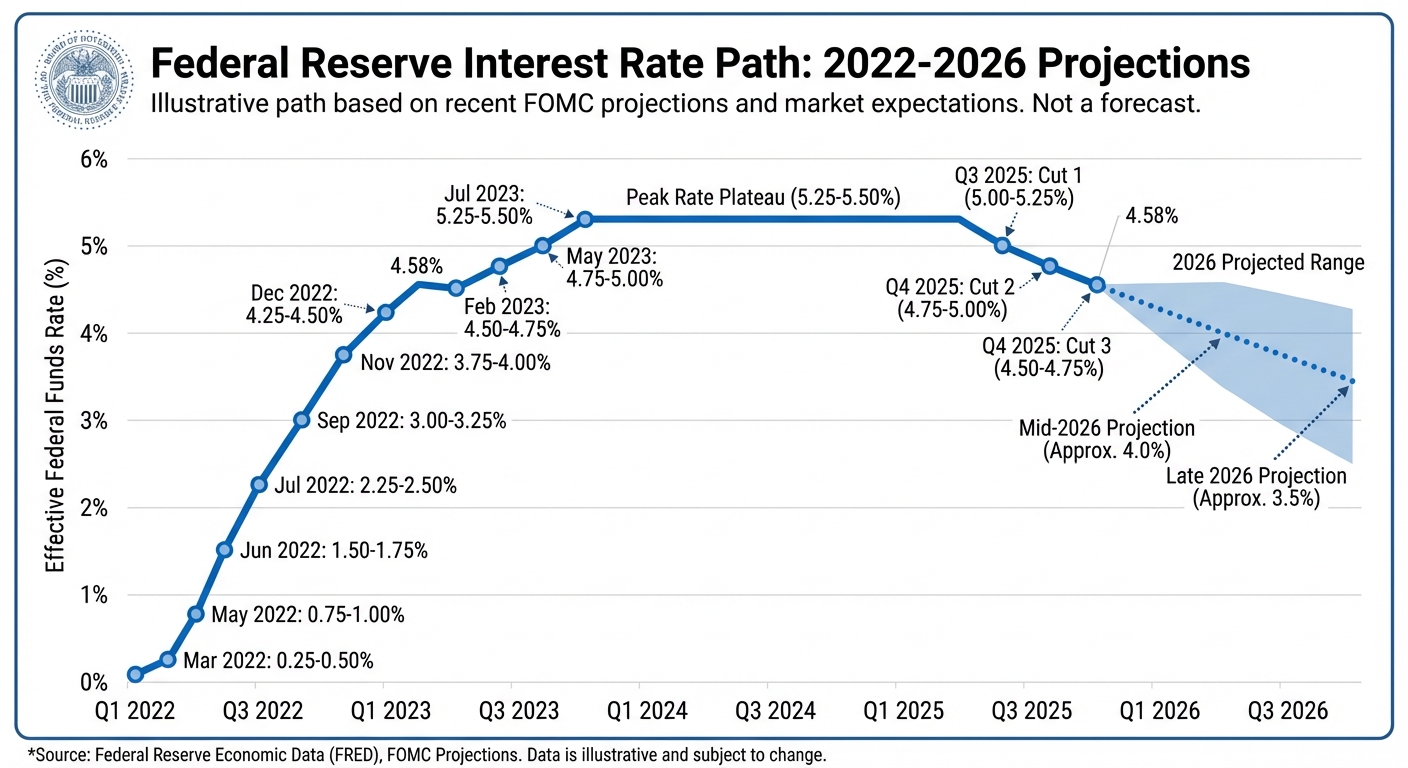 Line chart showing Federal Reserve interest rate trajectory from 2022 to 2026