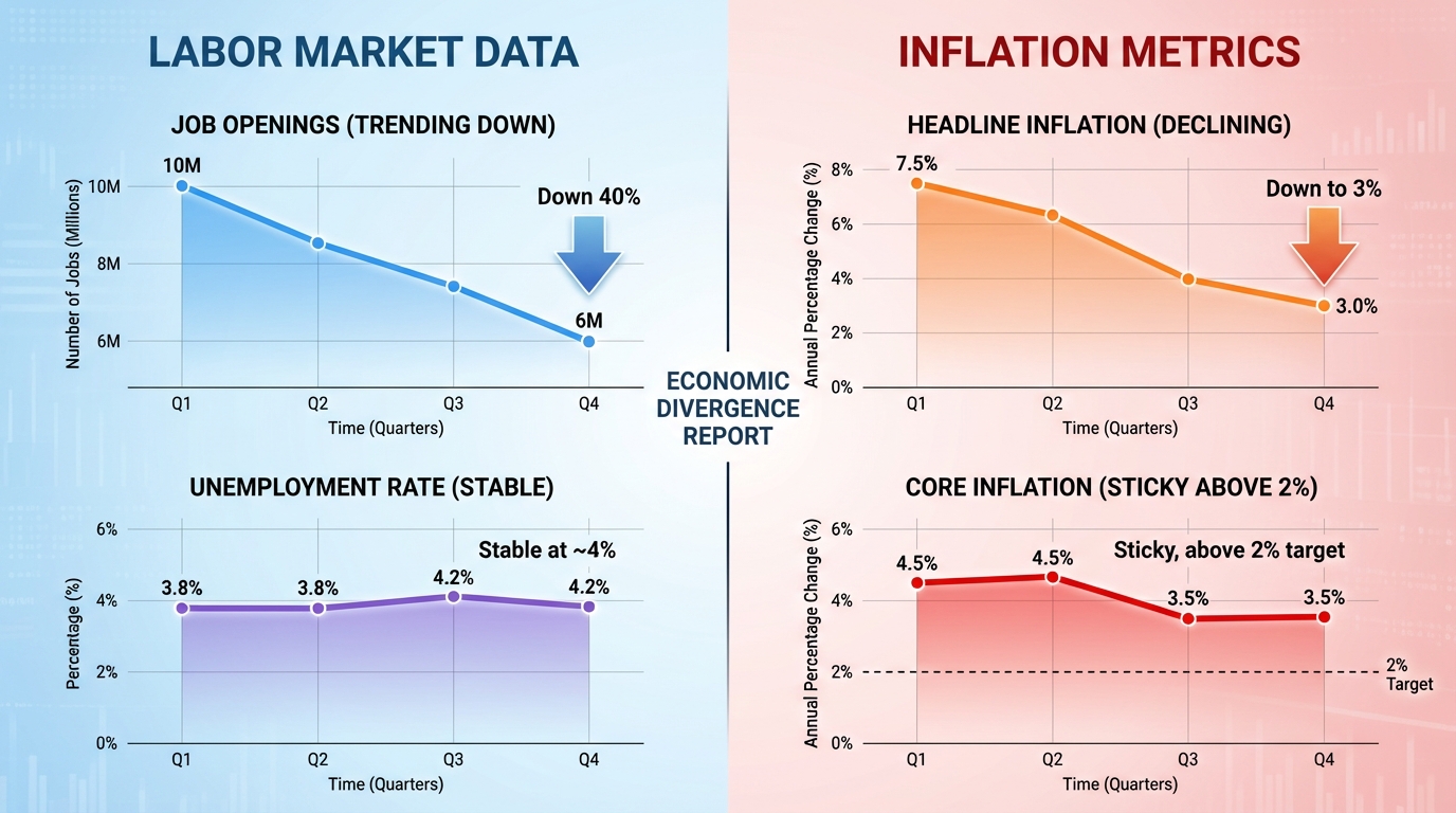 Split screen showing job market data and inflation metrics