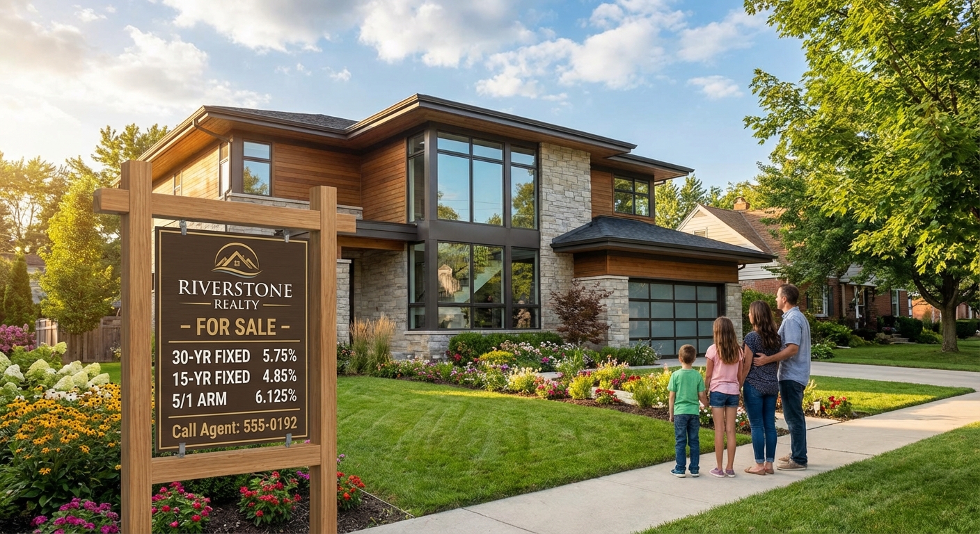 Modern suburban home with for sale sign showing mortgage rate information