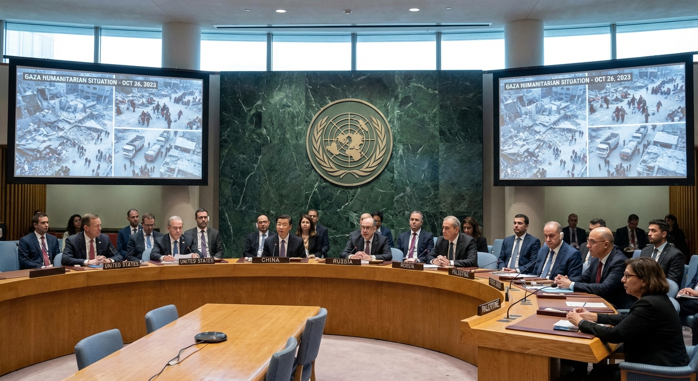 UN Security Council meeting with delegates discussing Gaza humanitarian situation