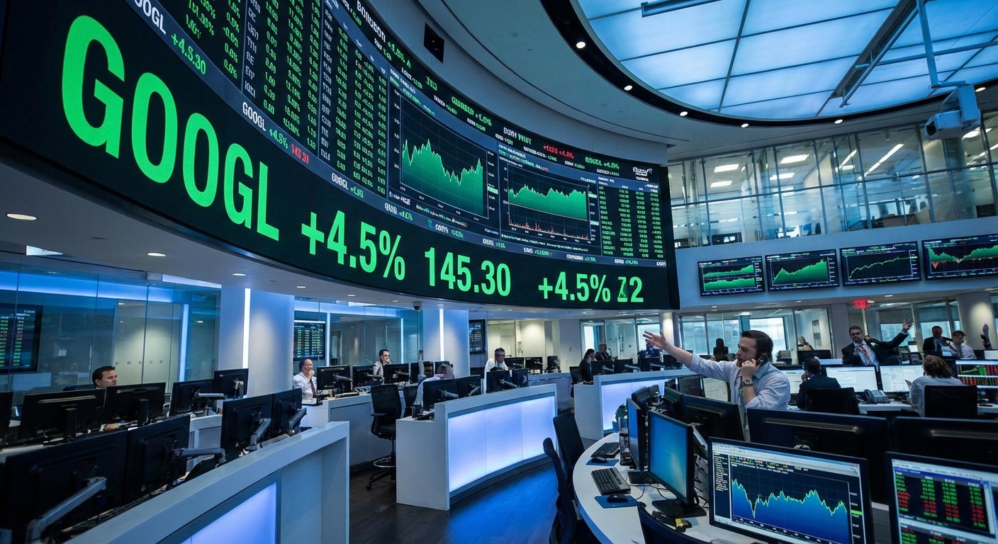 Trading floor screens showing tech stock prices with Alphabet leading