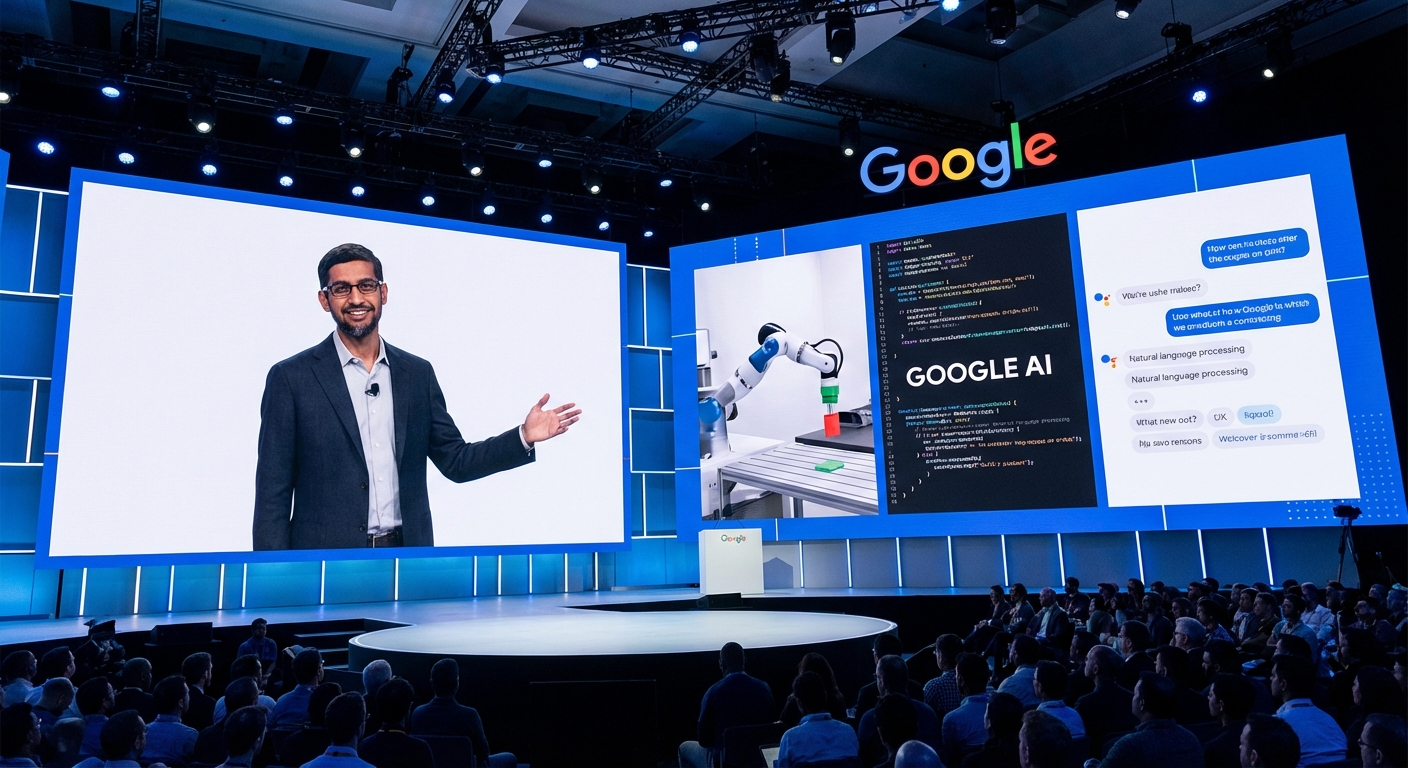 Sundar Pichai presenting Google AI products on stage
