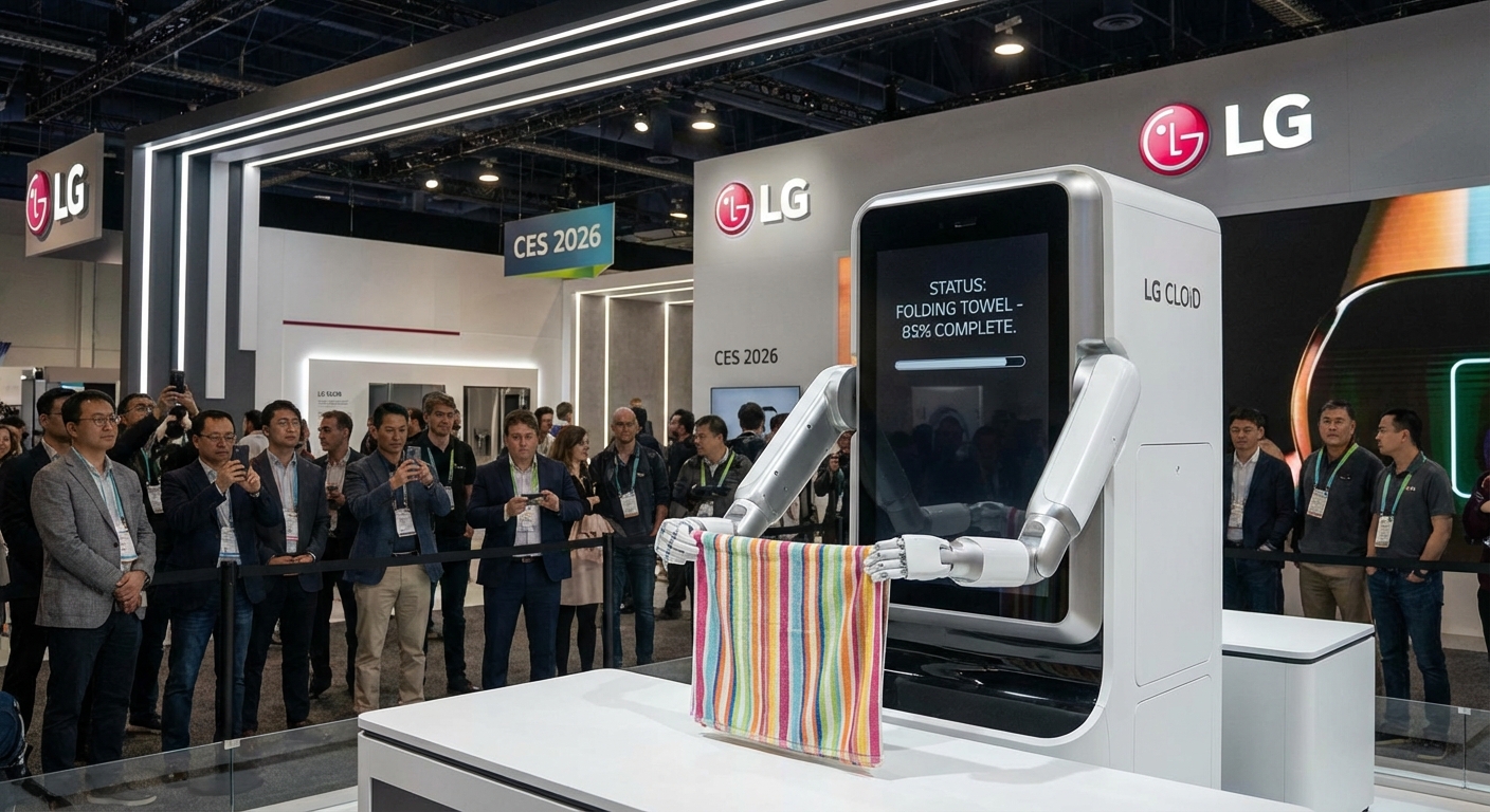 LG CLOiD robot demonstrating laundry folding at CES booth