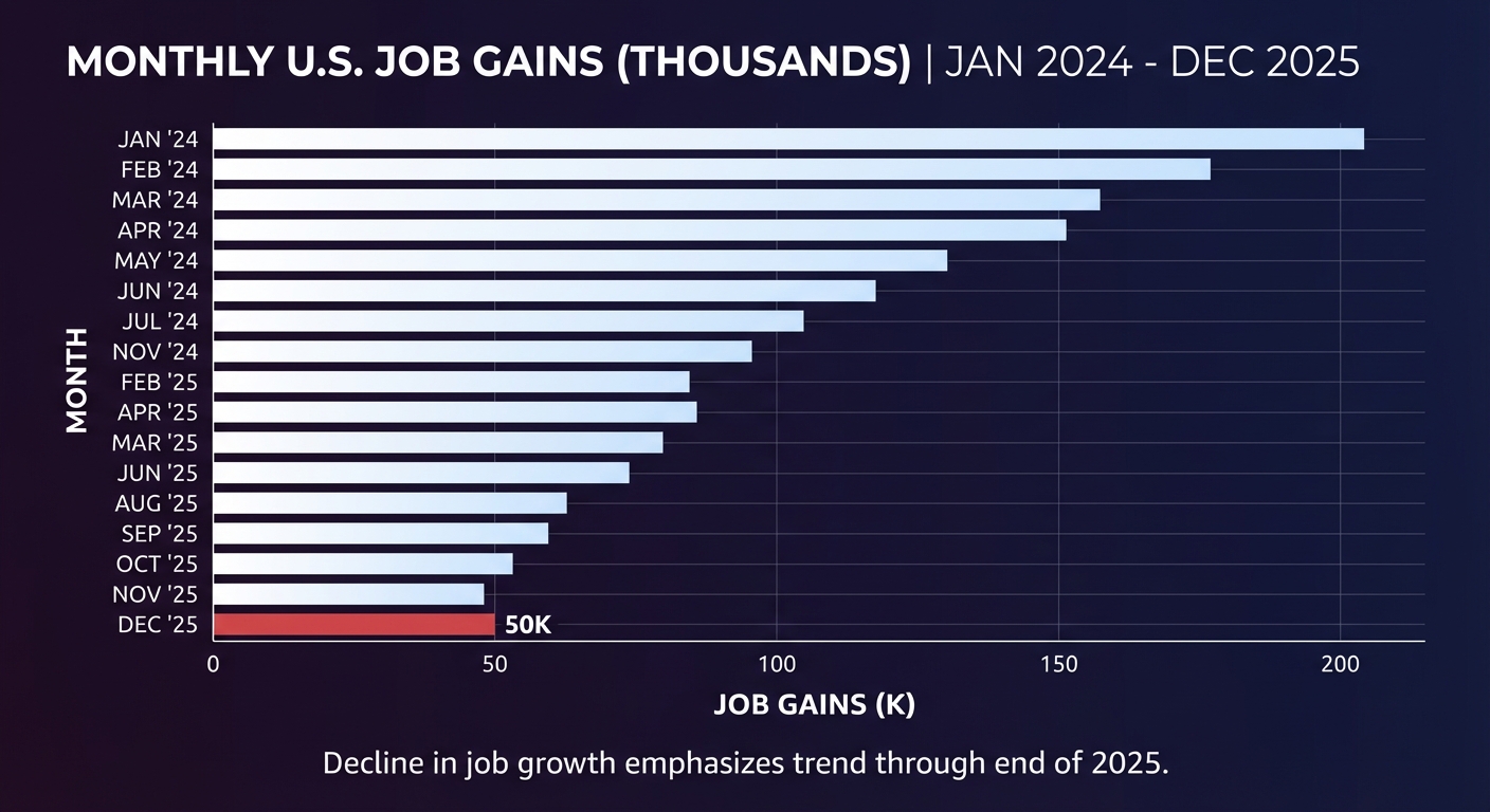 Chart showing monthly job gains declining from 2024 to December 2025