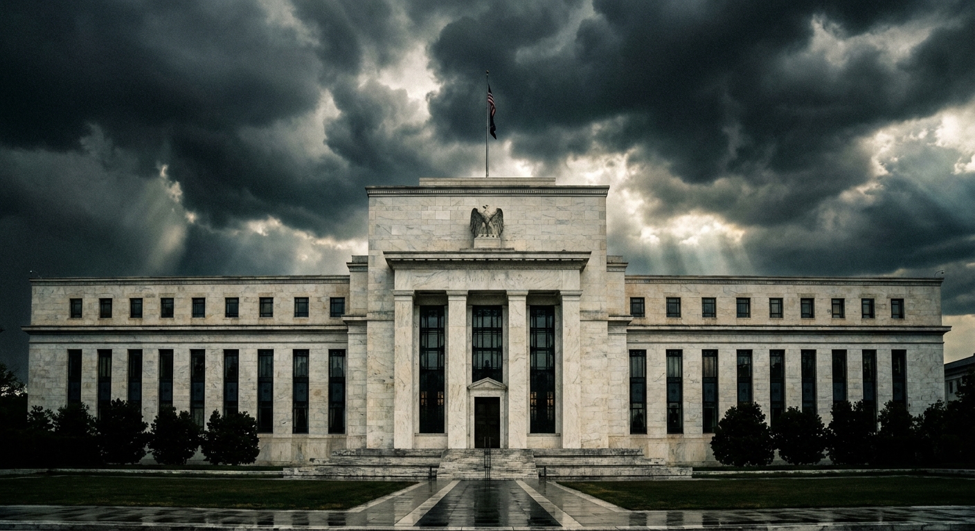 Federal Reserve building in Washington DC with storm clouds overhead