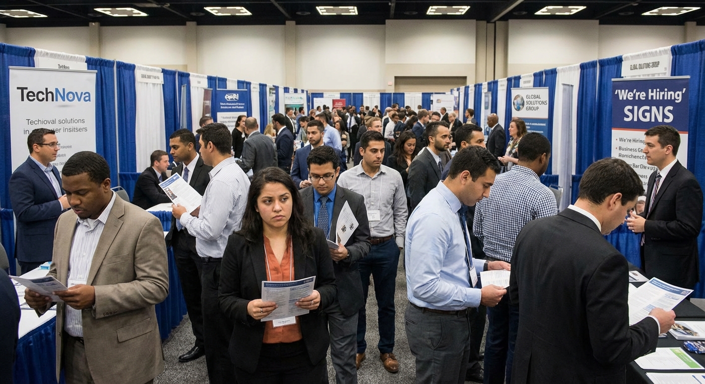 Workers at a job fair looking at company booths with concerned expressions