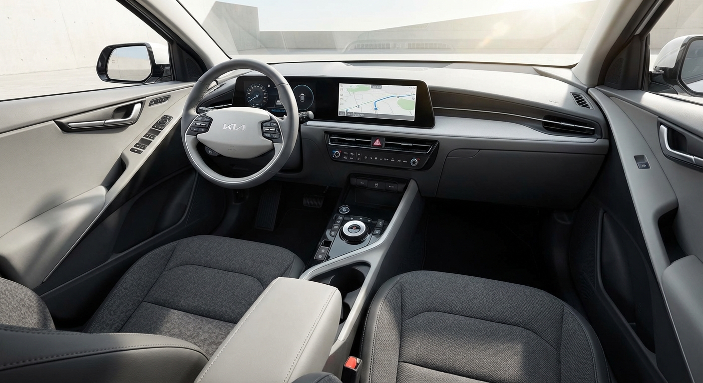 Interior view of Kia EV2 showing dashboard and touchscreen infotainment system