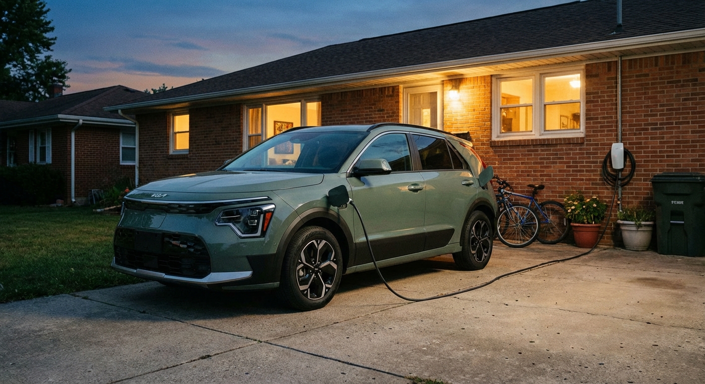 Kia EV2 at a residential charging station plugged in overnight