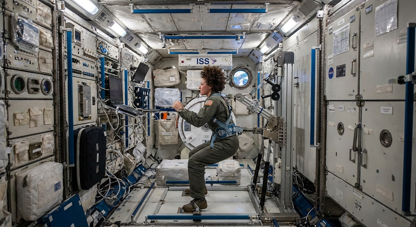 Interior of International Space Station showing astronaut exercising on specialized equipment