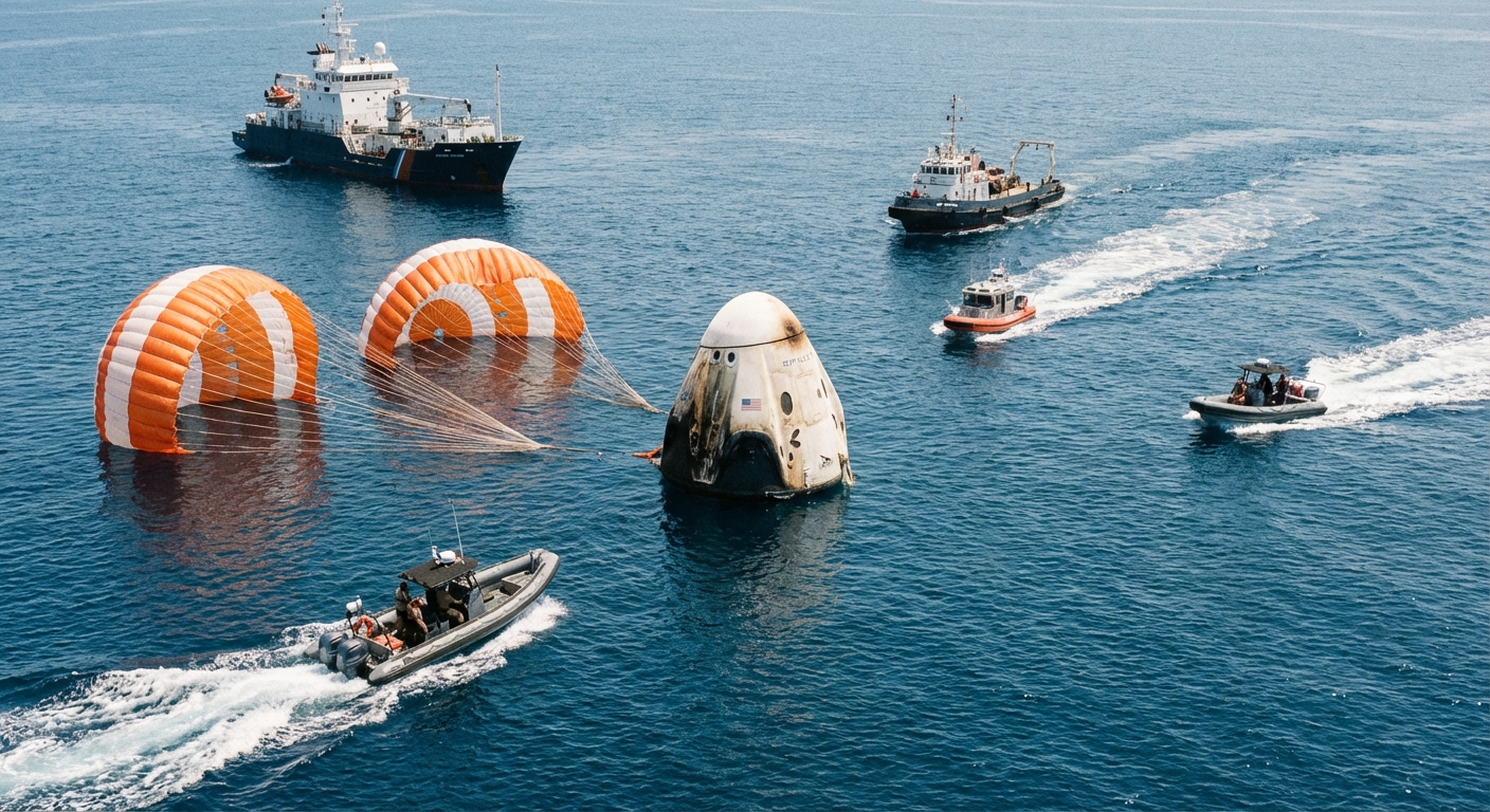 SpaceX Crew Dragon capsule splashing down in ocean with recovery boats approaching