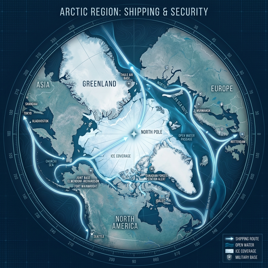 Map showing Arctic shipping routes and Greenland's strategic position