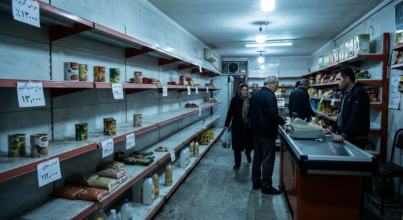 Empty supermarket shelves in Tehran showing food shortages and economic crisis