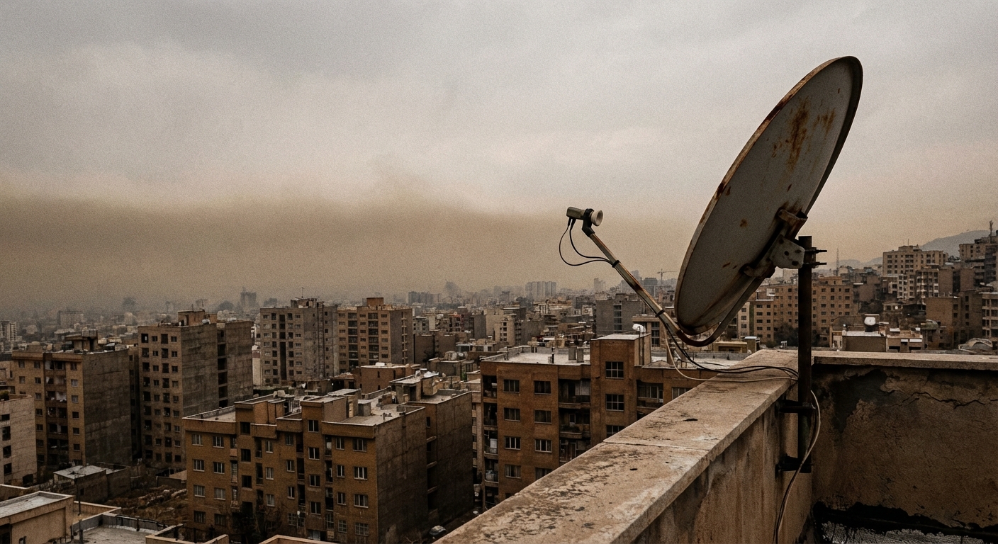 Satellite dish on Tehran rooftop symbolizing the communications blackout