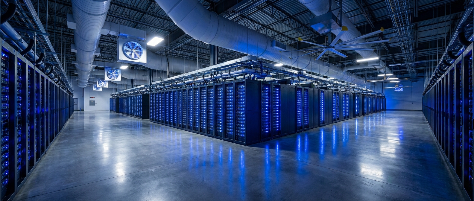 Interior of a modern data center with rows of server racks and cooling infrastructure