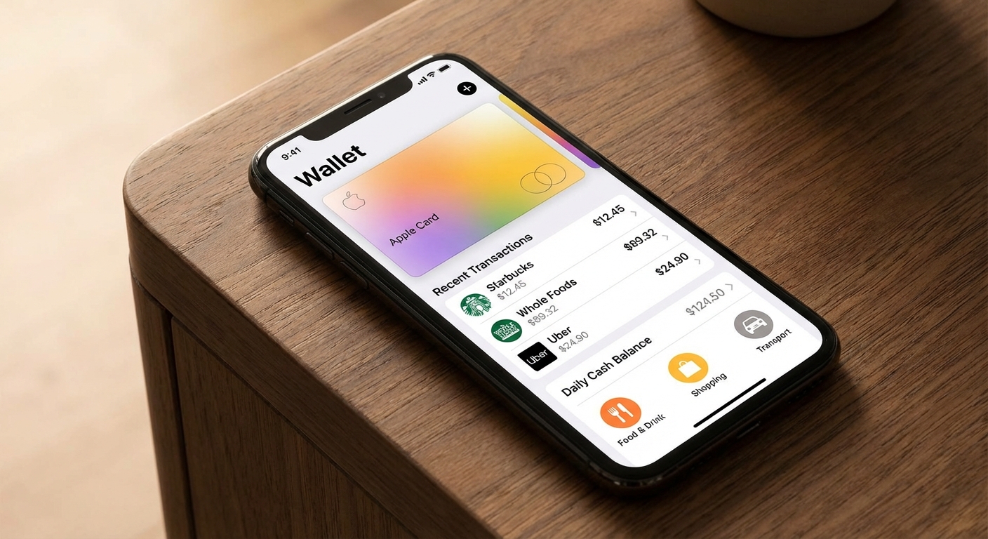 iPhone displaying Apple Wallet with Apple Card and transaction history