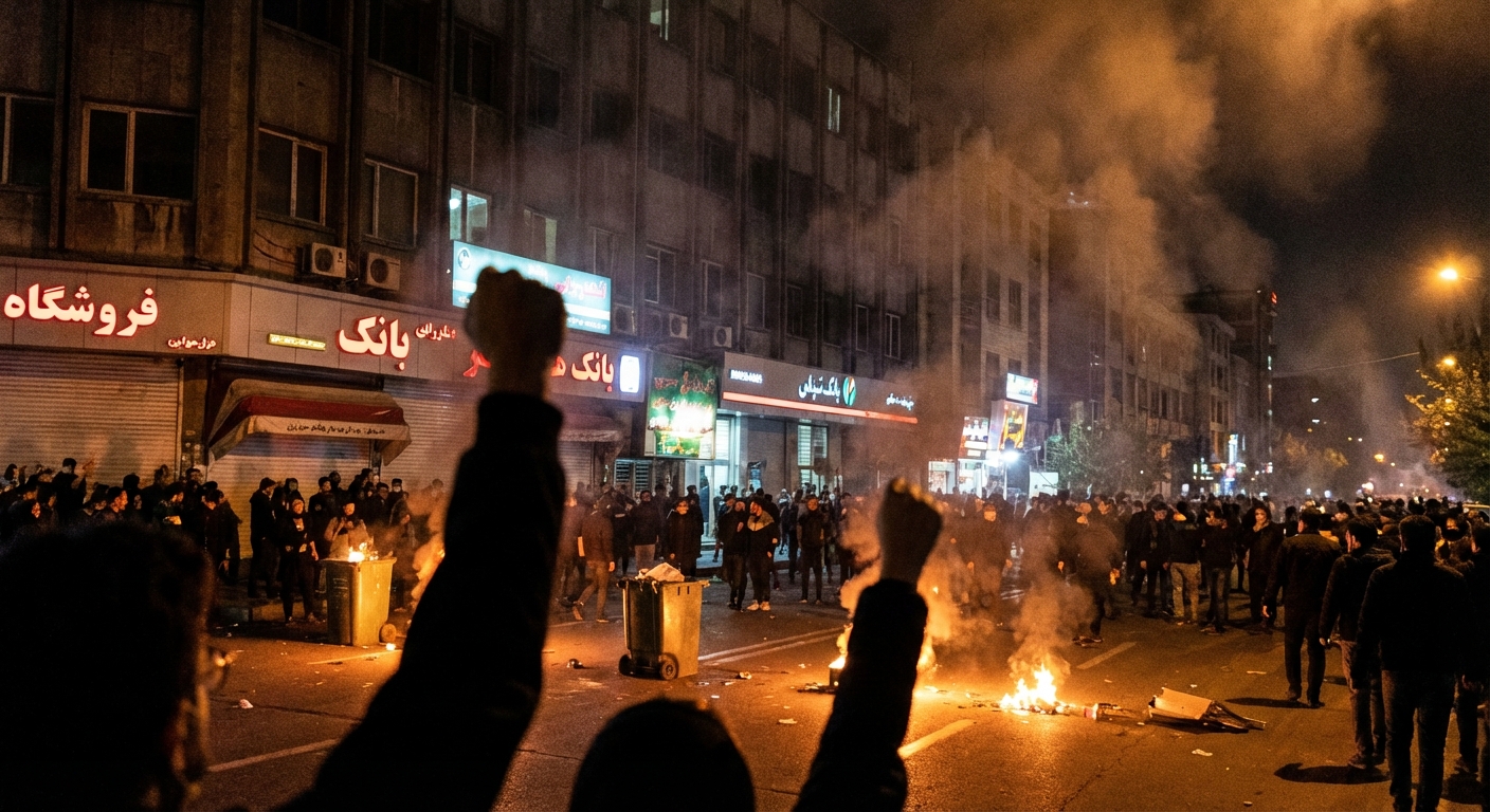 Iranian protesters marching in streets at night with fires burning in background