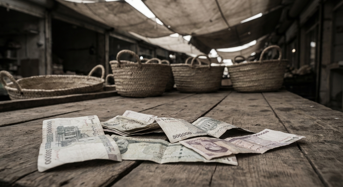 Iranian currency notes and empty market stalls showing economic crisis