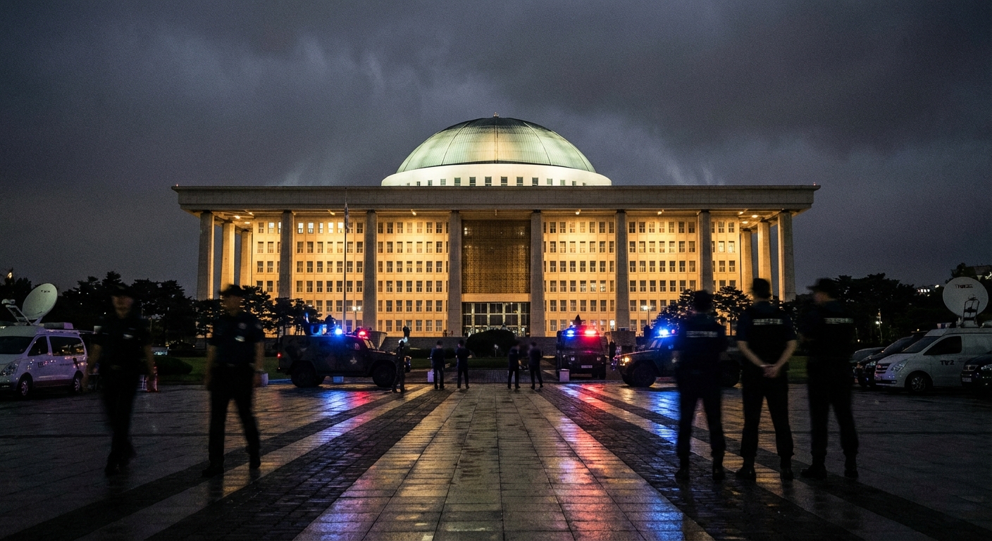 South Korean National Assembly building at night representing site of martial law confrontation