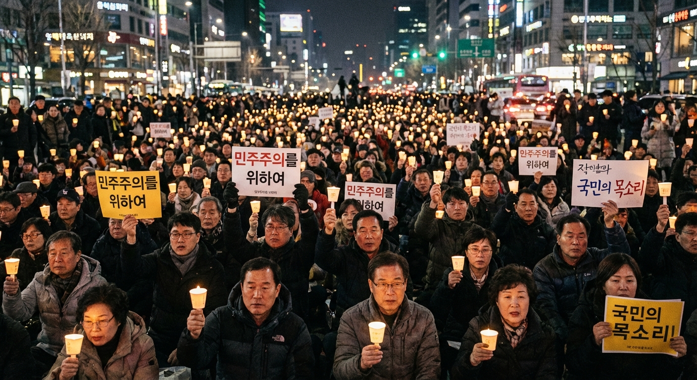 South Korean protesters with candles demonstrating for democracy outside courthouse