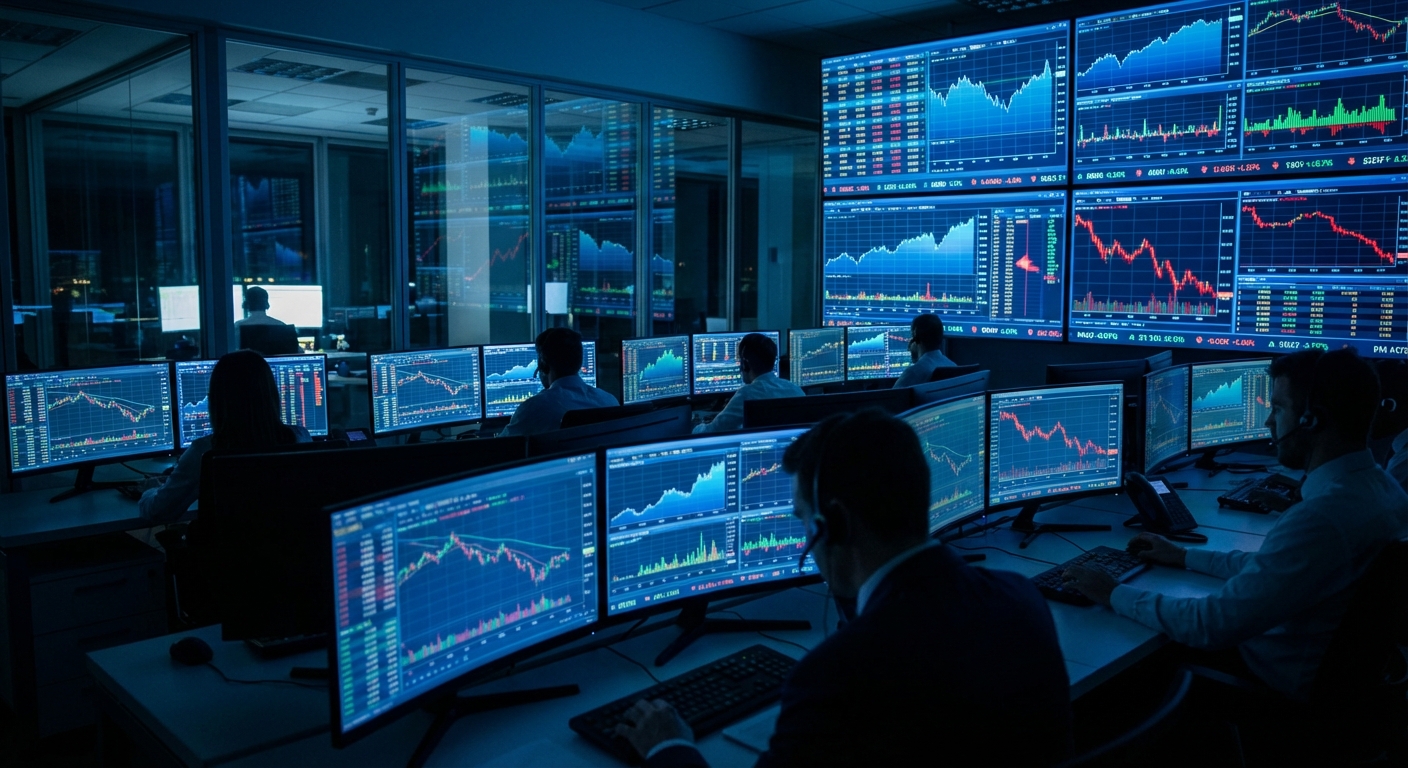 Stock market trading floor showing screens with declining numbers