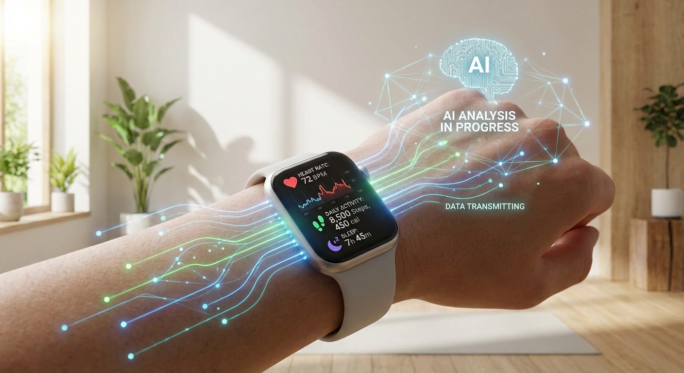Smartwatch displaying health metrics connected to AI analysis