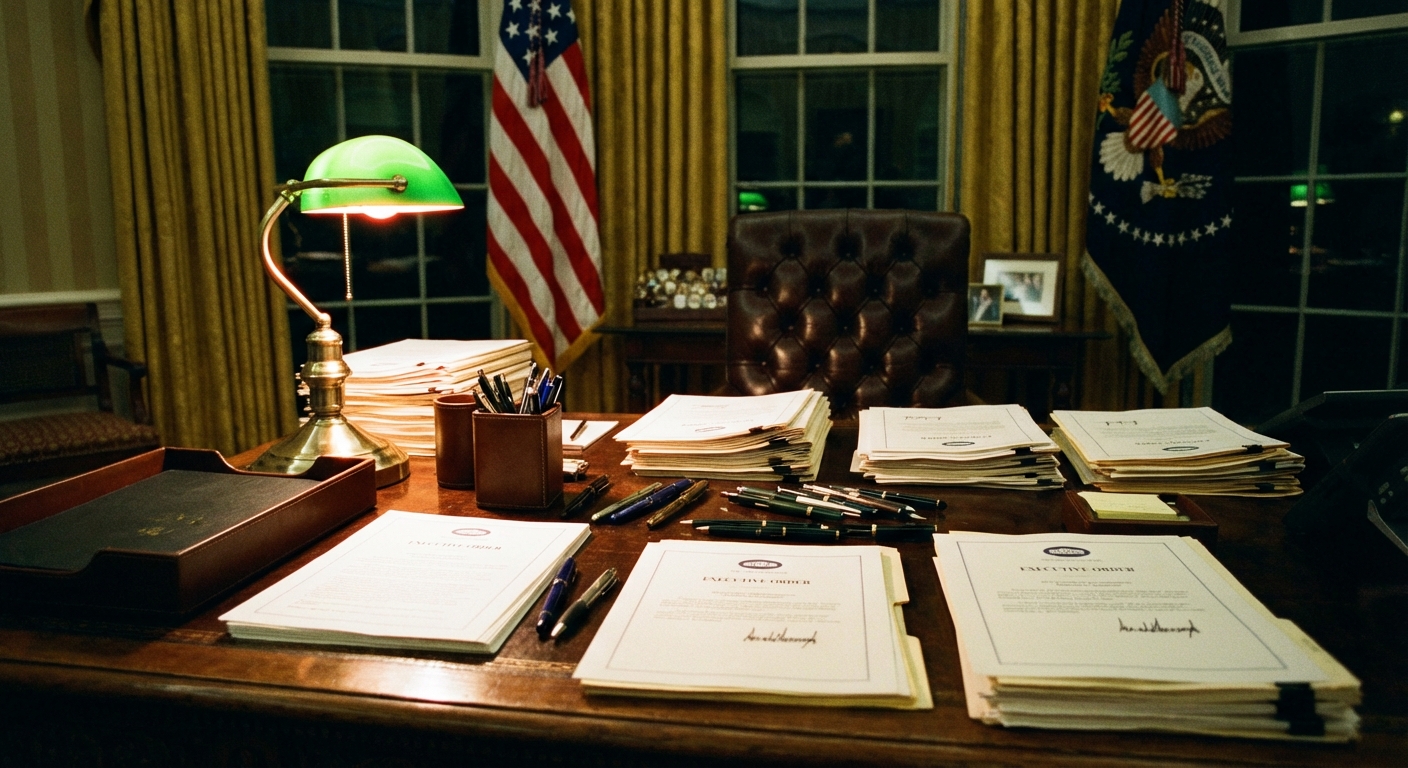 President Trump signing executive orders at the Resolute Desk