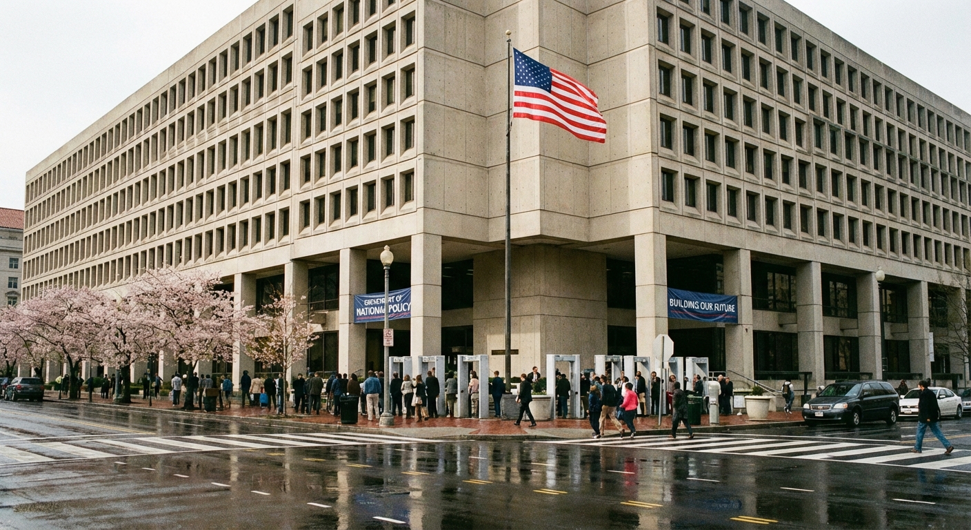 Federal government building with workers entering